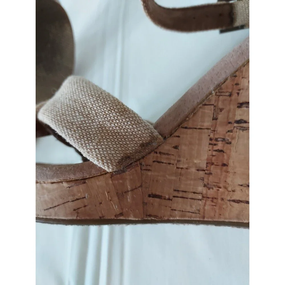 Toms Women's Size 7.5 Sierra Natural Canvas Cork Strappy‎ Wedges Sandals